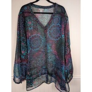 Catherines Sheer Top Blouse Plus 4X Popover Cool Office Artsy Geometric